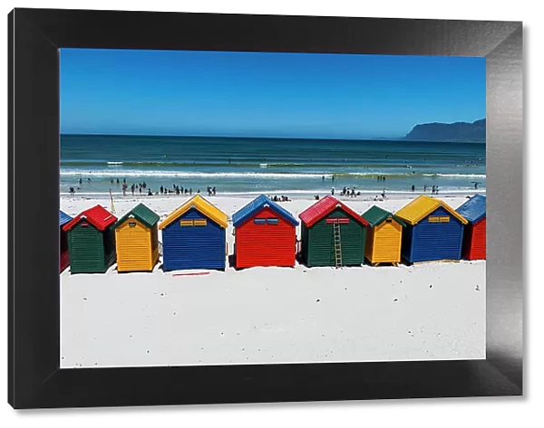 Aerial of the colourful beach huts on the beach of Muizenberg, Cape Town, South Africa, Africa