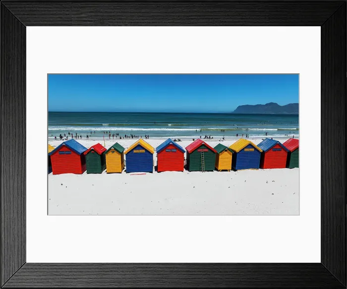Framed Print : Aerial of the colourful beach huts on the beach of Muizenberg, Cape Town, South Africa, Africa Framed Print : Aerial of the colourful beach huts on the beach of Muizenberg, Cape Town, South Africa, Africa