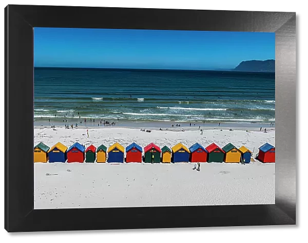 Aerial of the colourful beach huts on the beach of Muizenberg, Cape Town, South Africa, Africa