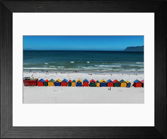 Framed Print : Aerial of the colourful beach huts on the beach of Muizenberg, Cape Town, South Africa, Africa Framed Print : Aerial of the colourful beach huts on the beach of Muizenberg, Cape Town, South Africa, Africa
