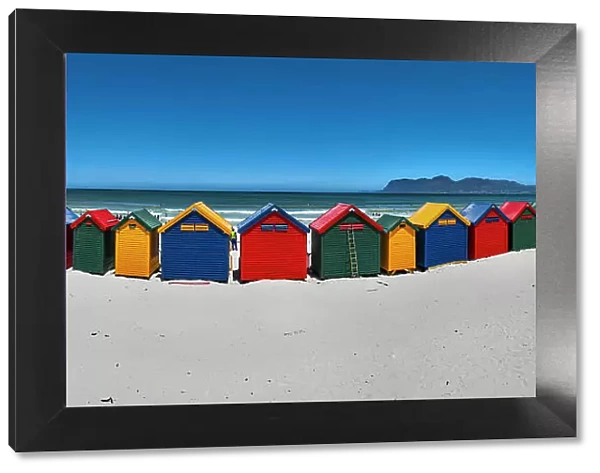 Panorama of the colourful beach huts on the beach of Muizenberg, Cape Town, South Africa, Africa