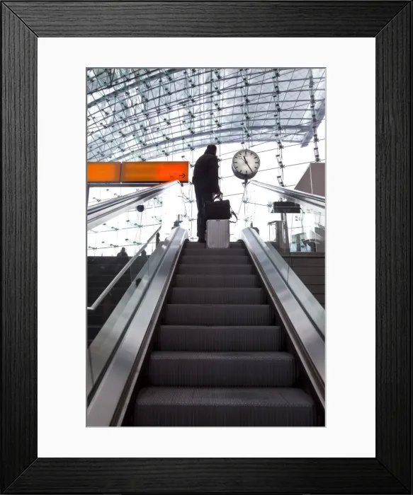 Framed Print : Escalator and platform clock at modern train station, Berlin, Germany, Europe Framed Print : Escalator and platform clock at modern train station, Berlin, Germany, Europe