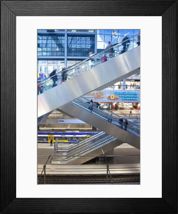 Framed Print : People moving up escalator at new modern main railway station, Berlin, Germany, Europe