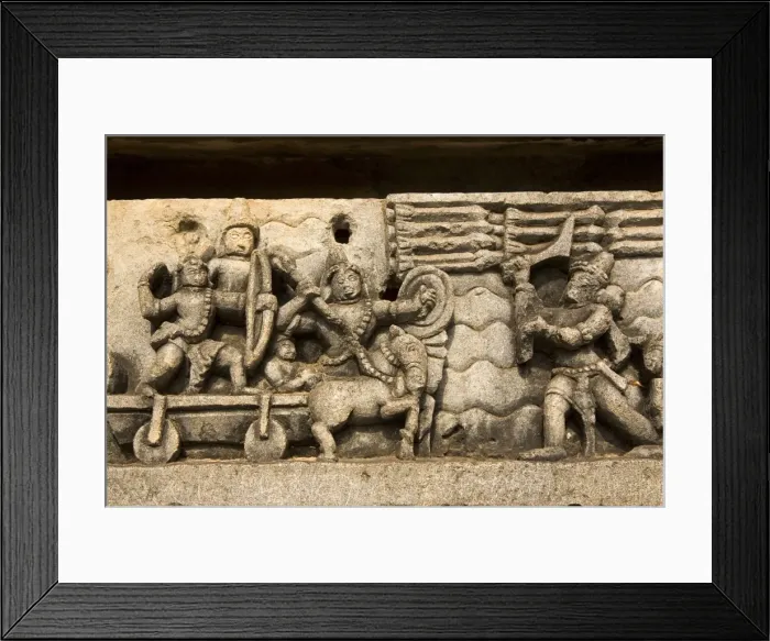Framed Print : A bas relief detail showing Hoysala style warfare in the Hoysaleshvara Temple at Halebid Framed Print : A bas relief detail showing Hoysala style warfare in the Hoysaleshvara Temple at Halebid