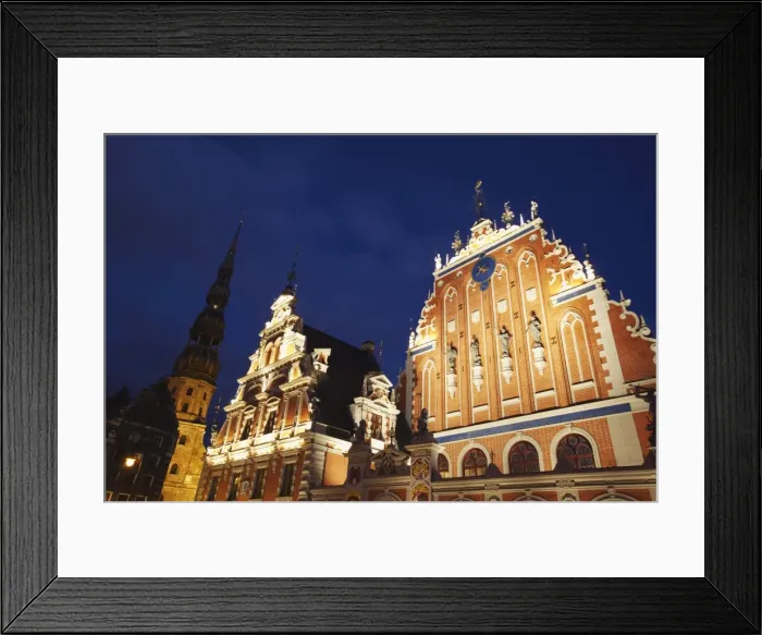 Framed Print : House of Blackheads in Town Hall Square (Ratslaukums) with St. Peters in background Framed Print : House of Blackheads in Town Hall Square (Ratslaukums) with St. Peters in background