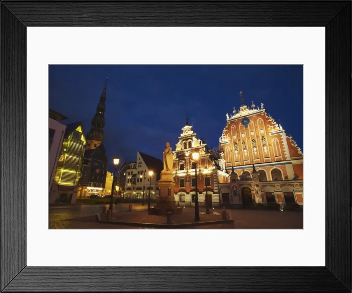 Framed Print : House of Blackheads in Town Hall Square (Ratslaukums) with St. Peters in background Framed Print : House of Blackheads in Town Hall Square (Ratslaukums) with St. Peters in background