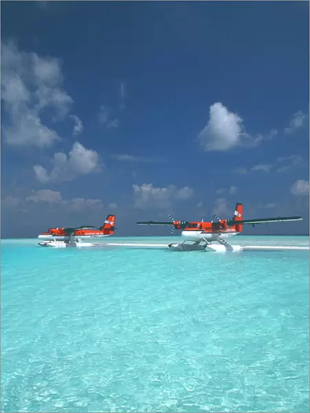 Maldivian air taxi seaplanes parked on sandbank, Maldives, Indian Ocean, Asia