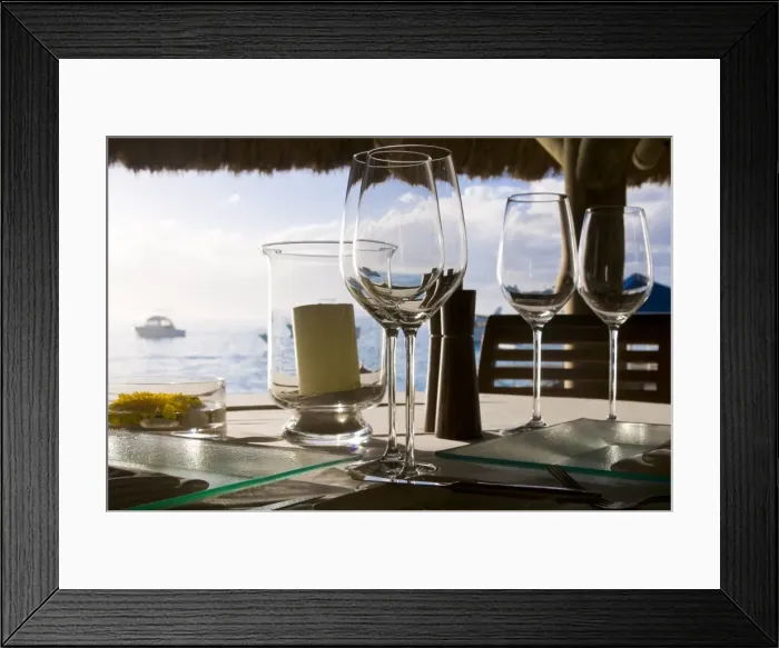 Framed Print : Glasses on a table of the Beachcomber Le Paradis five star hotel, Mauritius Framed Print : Glasses on a table of the Beachcomber Le Paradis five star hotel, Mauritius
