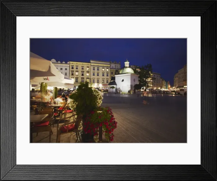 Framed Print : Outdoor cafes in Main Market Square (Rynek Glowny) with Church of St. Adalbert in background Framed Print : Outdoor cafes in Main Market Square (Rynek Glowny) with Church of St. Adalbert in background