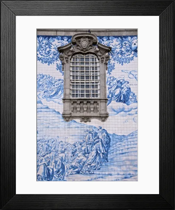 Framed Print : Detail of azulejos (earthenware tiles) on an outside wall of the 18th century Do Carmo church Framed Print : Detail of azulejos (earthenware tiles) on an outside wall of the 18th century Do Carmo church