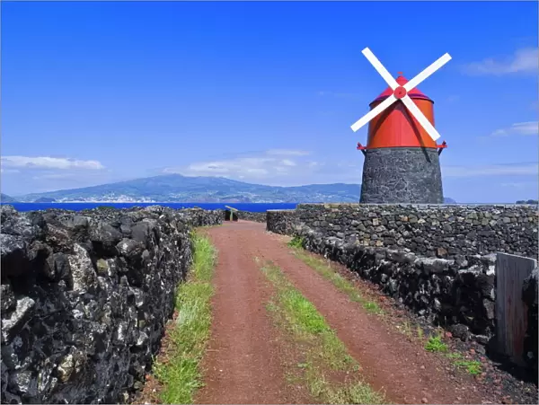 Windmill in lava vineyards with Faial in distance, Pico, Azores, Portugal, Europe