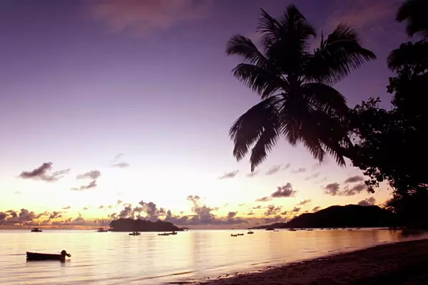 View across Anse Volbert to the offshore island of Chauve Souris at dawn