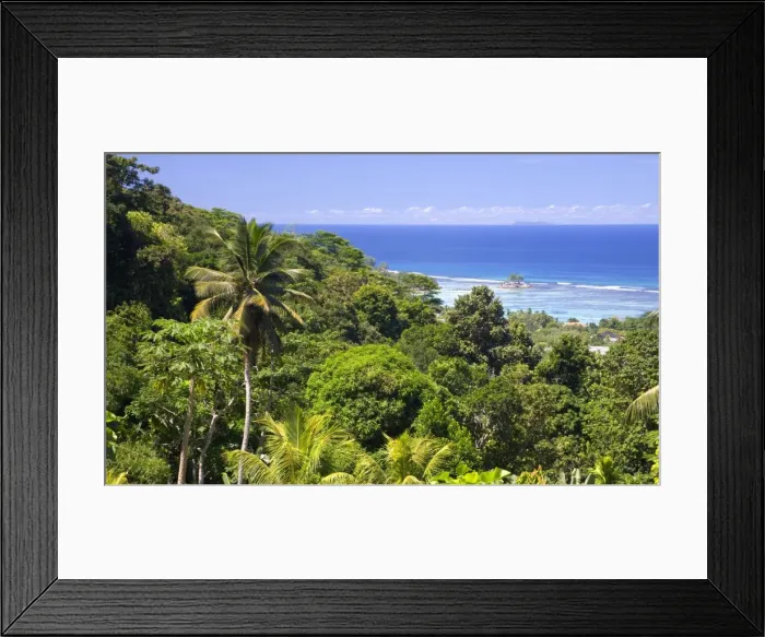 Framed Print : View over coast from the Jardin du Roi spice garden above Anse Royale, Anse Royale district