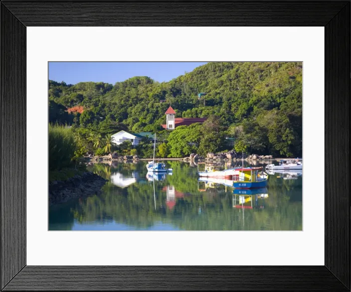 Framed Print : The harbour and church, Baie Sainte Anne, Baie Sainte Anne district, Island of Praslin Framed Print : The harbour and church, Baie Sainte Anne, Baie Sainte Anne district, Island of Praslin