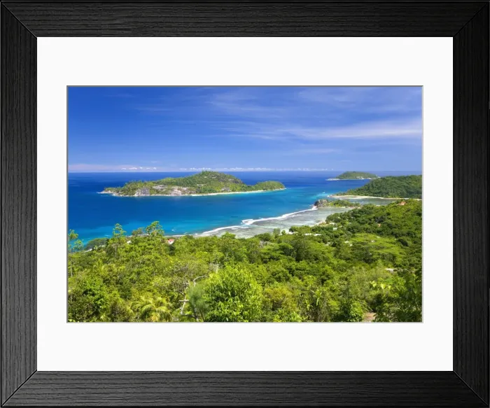 Framed Print : View across Anse l Islette to the offshore islands of Therese and Conception from hillside above Port Glaud, Port Glaud district, Island of Mahe, Seychelles, Indian Framed Print : View across Anse l Islette to the offshore islands of Therese and Conception from hillside above Port Glaud, Port Glaud district, Island of Mahe, Seychelles, Indian