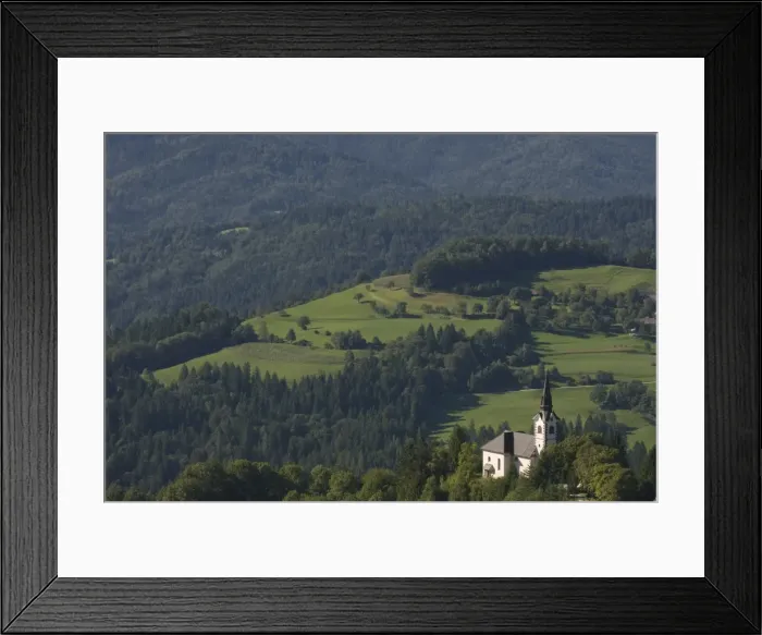 Framed Print : Church standing in valley of vast hill landscape, Sofja Loka, Slovenia, Europe Framed Print : Church standing in valley of vast hill landscape, Sofja Loka, Slovenia, Europe