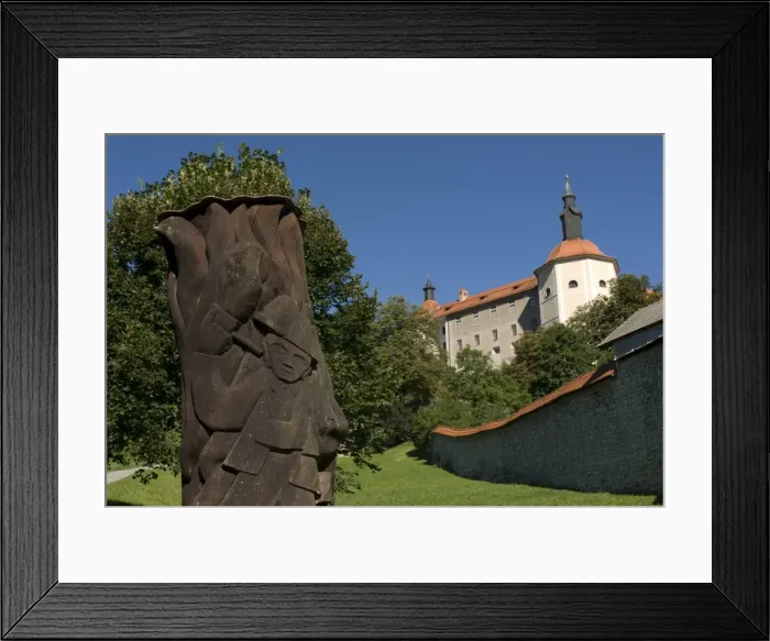 Framed Print : Castle and sculpture in village of Sofja Loka, Slovenia, Europe Framed Print : Castle and sculpture in village of Sofja Loka, Slovenia, Europe
