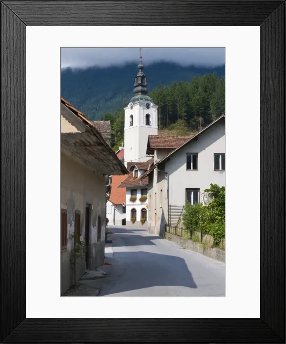 Framed Print : Road leading to a church in a little village in the Logarska Dolina, Slovenia, Europe Framed Print : Road leading to a church in a little village in the Logarska Dolina, Slovenia, Europe