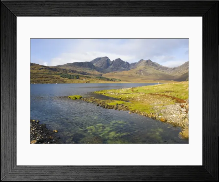 Framed Print : View across the clear waters of Loch Slapin to the Cuillin Hills, the peak of Bla Bheinn Framed Print : View across the clear waters of Loch Slapin to the Cuillin Hills, the peak of Bla Bheinn