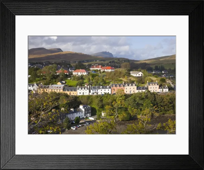 Framed Print : Houses on hillside overlooking the harbour, the Storr visible on horizon Framed Print : Houses on hillside overlooking the harbour, the Storr visible on horizon