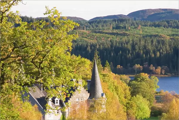 Autumn view to Loch Achray from wooded hillside above the former Trossachs Hotel