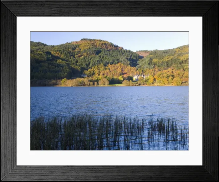 Framed Print : Autumn view across Loch Achray to wooded hills, the former Trossachs Hotel visible Framed Print : Autumn view across Loch Achray to wooded hills, the former Trossachs Hotel visible