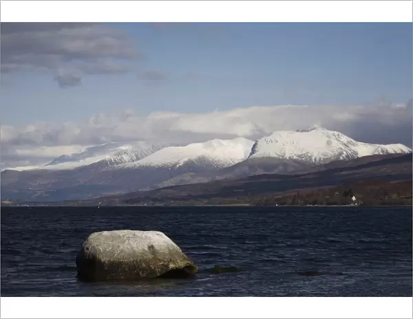 View to Ben Nevis with snow from Loch Eil, near Fort William, Lochaber