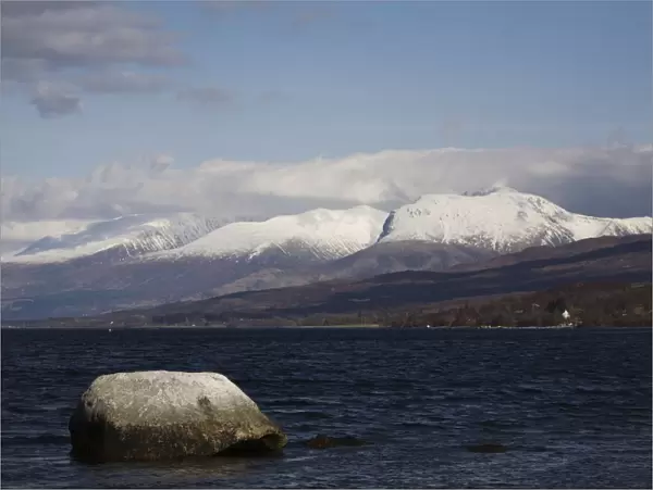 View to Ben Nevis with snow from Loch Eil, near Fort William, Lochaber