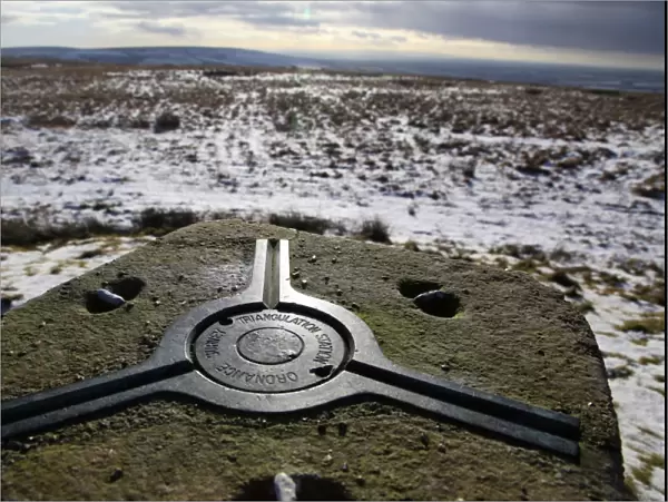 Looking west from an old Ordnance Survey triangulation point on The Chains above Blackmoor Gate in winter, Exmoor, Devon, England, United