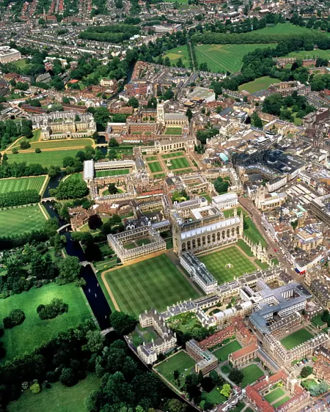 Aerial view of Cambridge including The Backs where several University of Cambridge colleges back on to the River Cam, Cambridge, Cambridgeshire, England, United