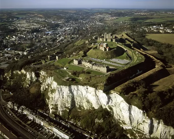 Aerial image of Dover Castle over the white Cliff of Dover, Kent, England