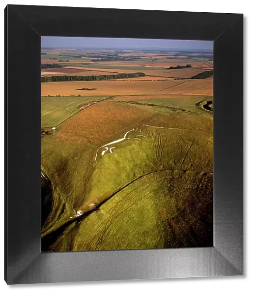 Aerial image of Uffington White Horse with Uffington Castle hill fort, Berkshire Downs