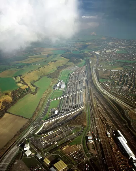 Aerial image of entrance to The Channel Tunnel (Chunnel) (Eurotunnel), beneath the English Channel