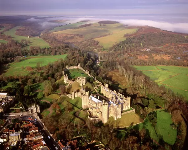 Aerial image of Arundel Castle, a restored medieval castle, South Downs