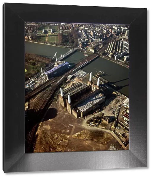 Aerial image of Battersea Power Station, an unused coal-fired power station on the south bank of the River Thames, Battersea, London, England, United