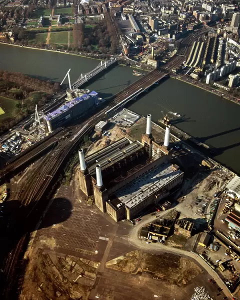Aerial image of Battersea Power Station, an unused coal-fired power station on the south bank of the River Thames, Battersea, London, England, United