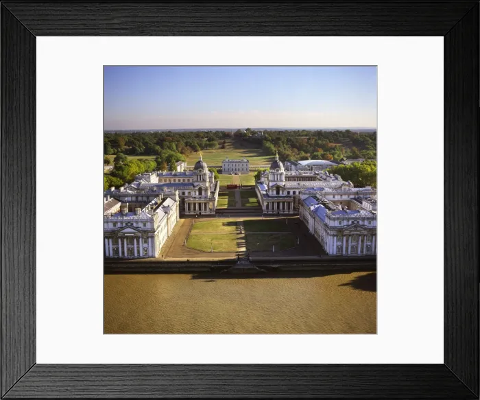 Framed Print : Aerial image of the Royal Naval College and Queens House, on the south bank of the River Thames, UNESCO World Heritage Site, with the Royal Observatory in the background, Greenwich, London, England, United Framed Print : Aerial image of the Royal Naval College and Queens House, on the south bank of the River Thames, UNESCO World Heritage Site, with the Royal Observatory in the background, Greenwich, London, England, United