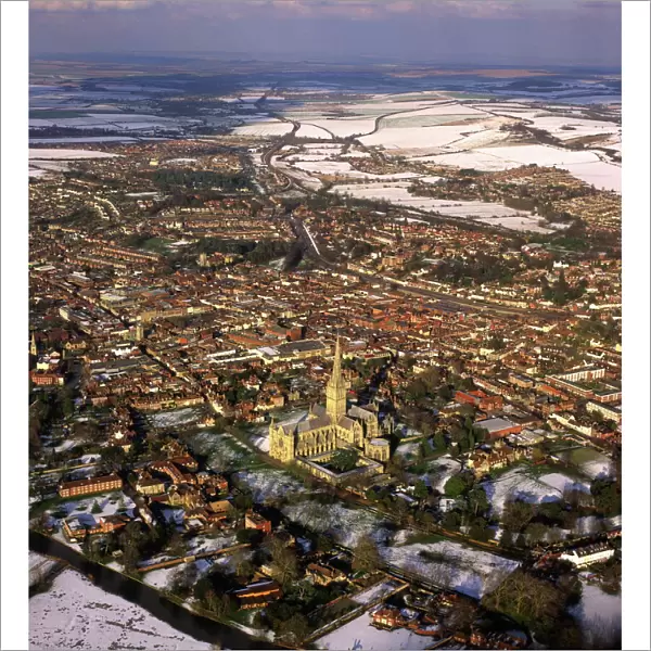 Aerial image of Salisbury Cathedral and city in snow, Salisbury, Wiltshire