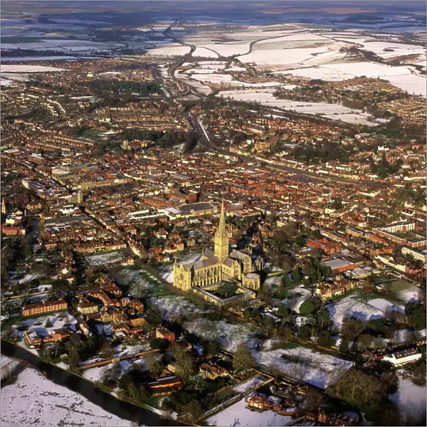 Aerial image of Salisbury Cathedral and city in snow, Salisbury, Wiltshire