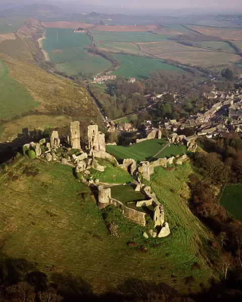 Aerial image of Corfe Castle, Purbeck Hills, between Wareham and Swanage