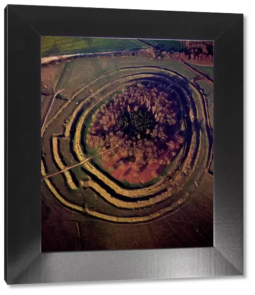 Aerial image of Badbury Rings, an Iron Age hill fort, Dorset, England, United Kingdom