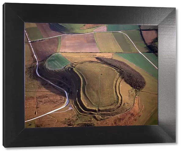 Aerial image of Battlesbury Camp, an Iron Age Hill fort, Warminster, Wiltshire
