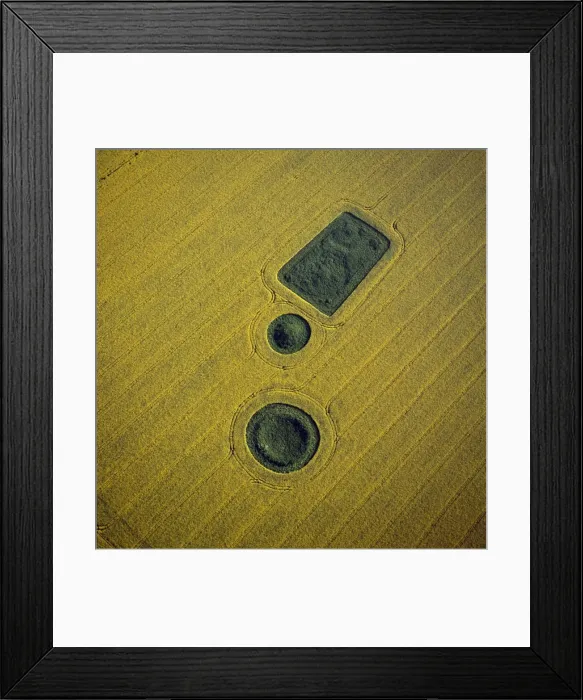 Framed Print : Aerial image of round and square Barrows at North Down in rape field, near Calstone Wellington Framed Print : Aerial image of round and square Barrows at North Down in rape field, near Calstone Wellington