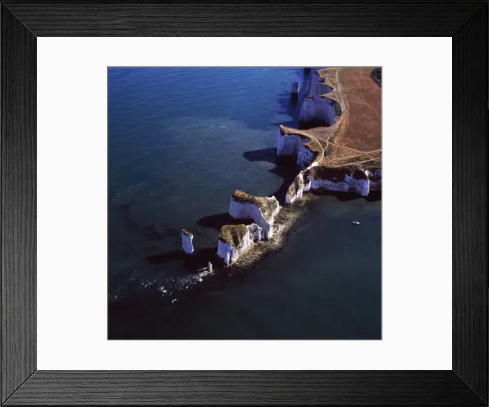 Framed Print : Aerial image of Old Harry Rocks, chalk stacks located directly east of Studland Framed Print : Aerial image of Old Harry Rocks, chalk stacks located directly east of Studland