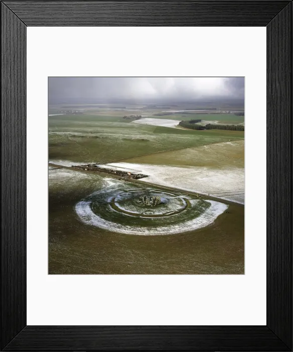 Framed Print : Aerial image of Stonehenge, prehistoric monument and stone circle in snow Framed Print : Aerial image of Stonehenge, prehistoric monument and stone circle in snow