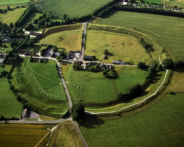 Aerial image of Avebury, Neolithic Monument, site of a large henge and several stone circles