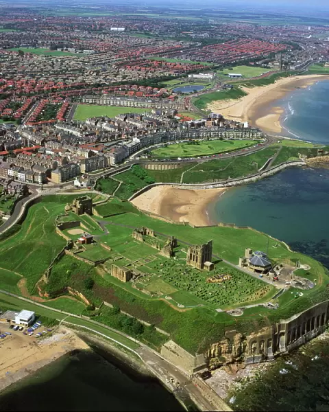 Aerial image of Tynemouth Priory and Castle, on a rocky headland known as Pen Bal Crag