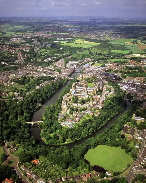 Aerial image of city including Durham Castle, a Medieval castle, Norman Cathedral