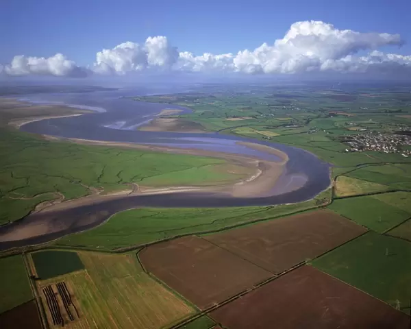 Aerial image of the River Esk flowing into Solway Firth, near Gretna Green