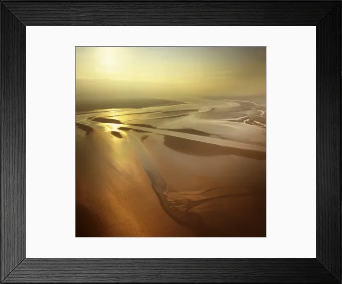 Framed Print : Aerial image of mudflats at sunset, Solway Firth, border between Cumbria in England Framed Print : Aerial image of mudflats at sunset, Solway Firth, border between Cumbria in England